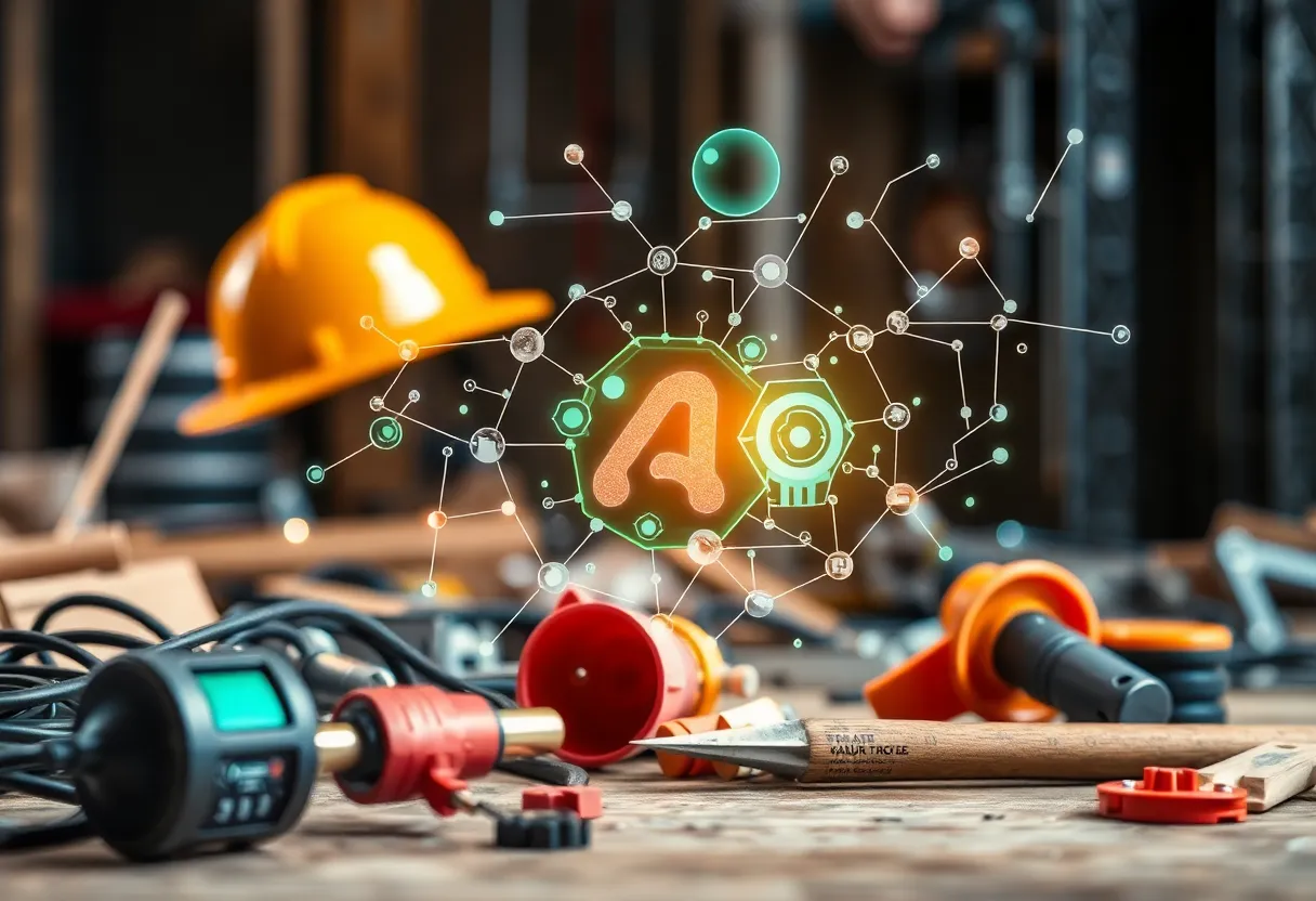 Abstract depiction of AI technology and construction tools.