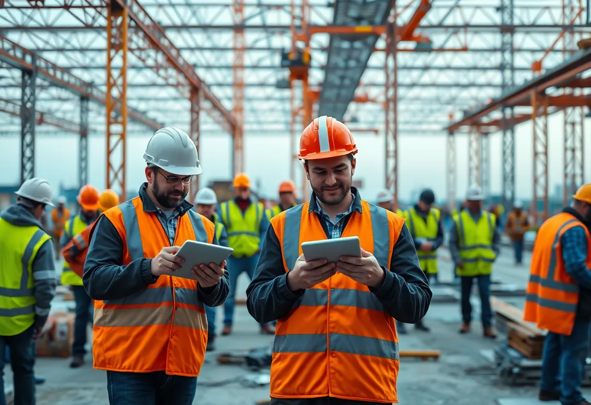 Construction workers using digital tools for project management on site.