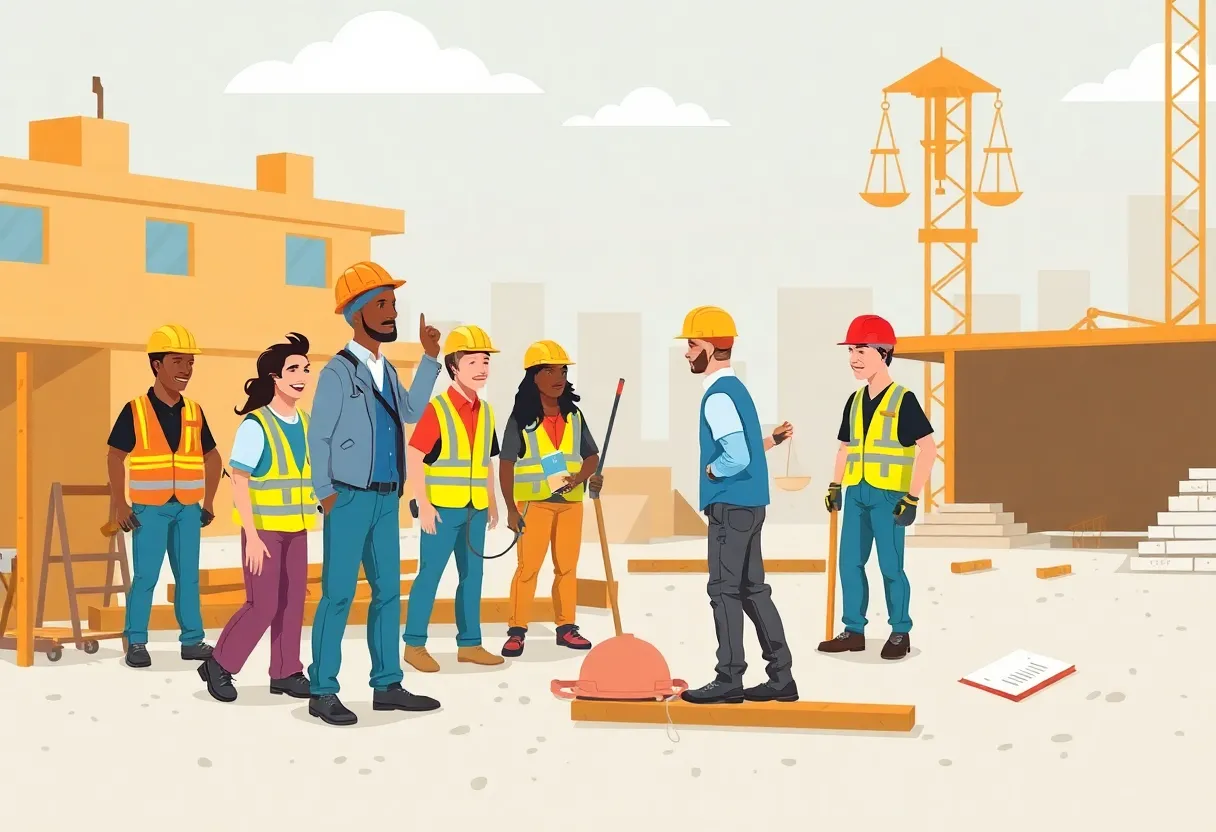 Diverse construction workers focused on their tasks while ensuring fair wage practices.