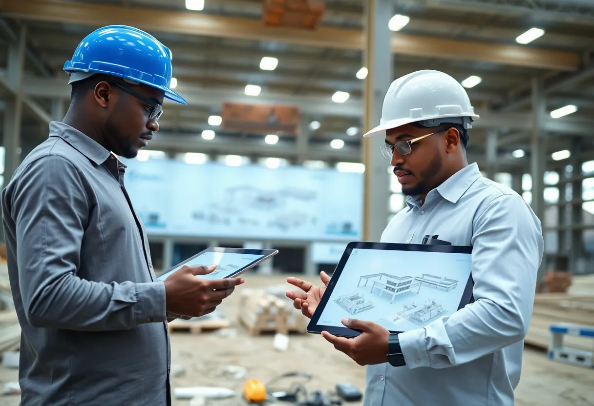 Architects and engineers using technology on a construction site in Nigeria.