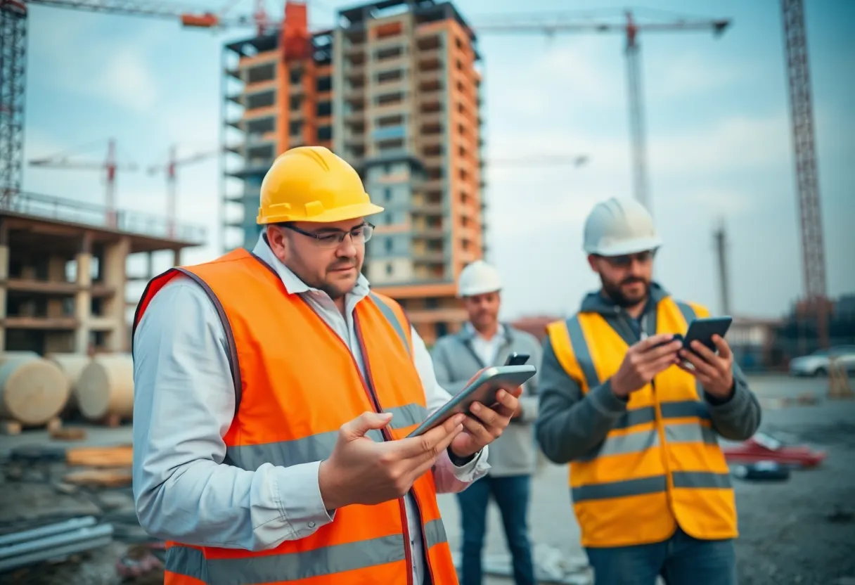 Professionals communicating on a construction site using BuilderComs software
