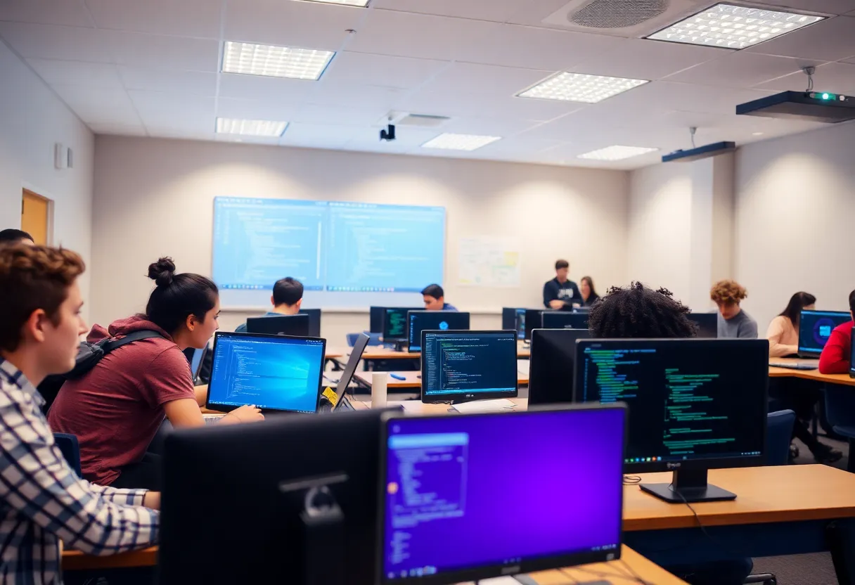 Students in a classroom working on software development projects