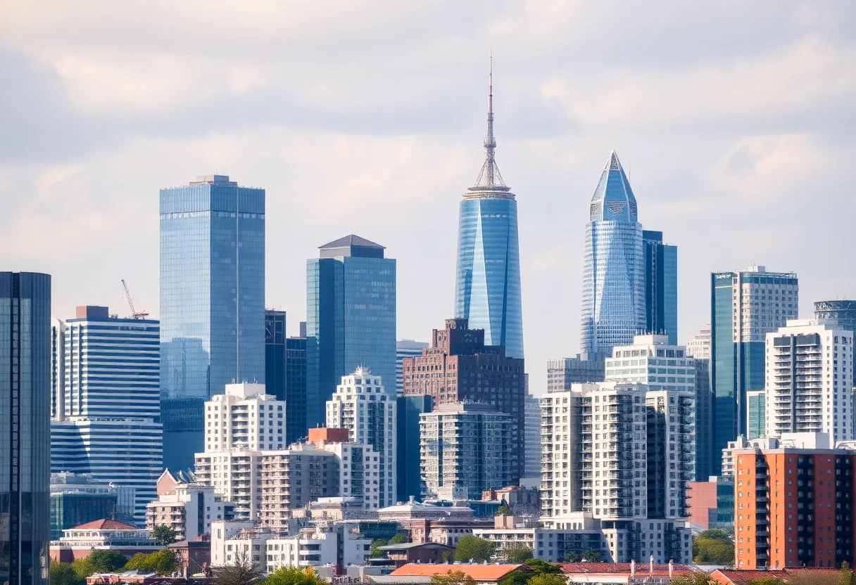 City skyline showing a blend of office and residential buildings.