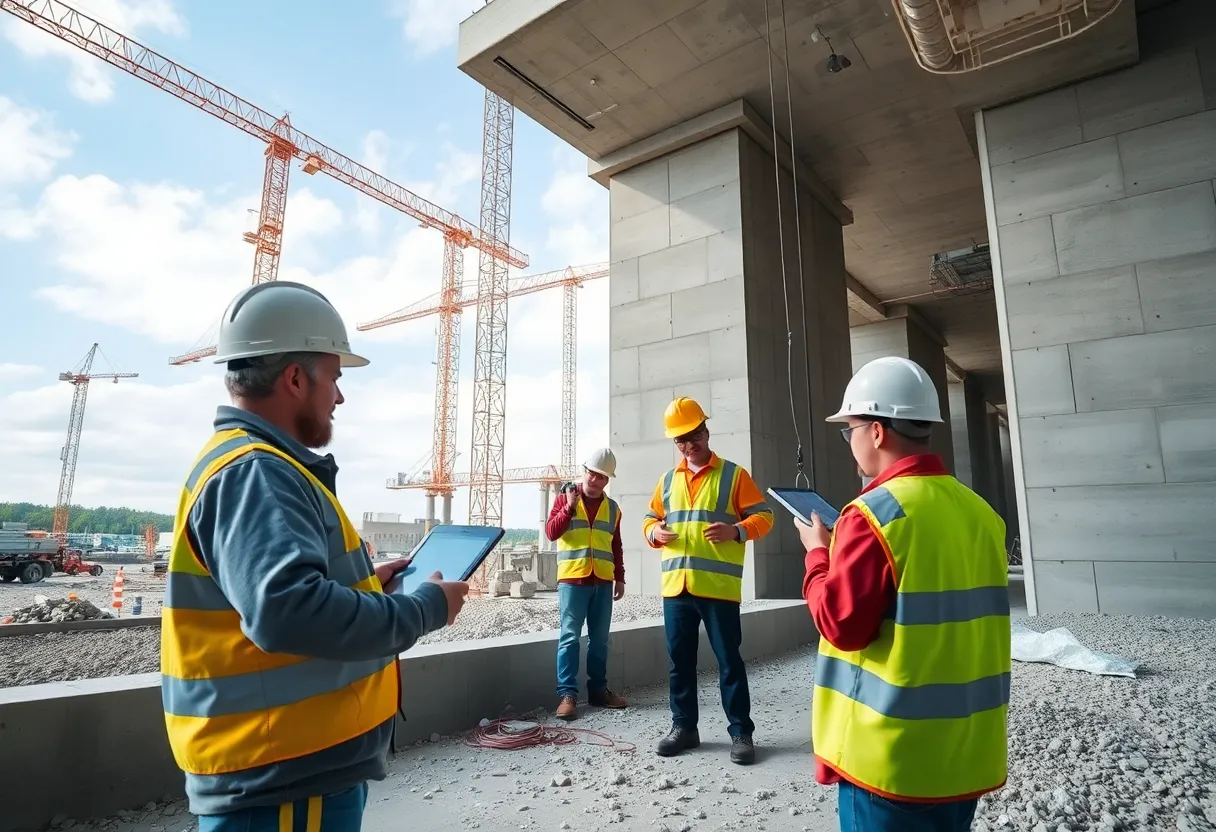 Workers using technology in a concrete construction site