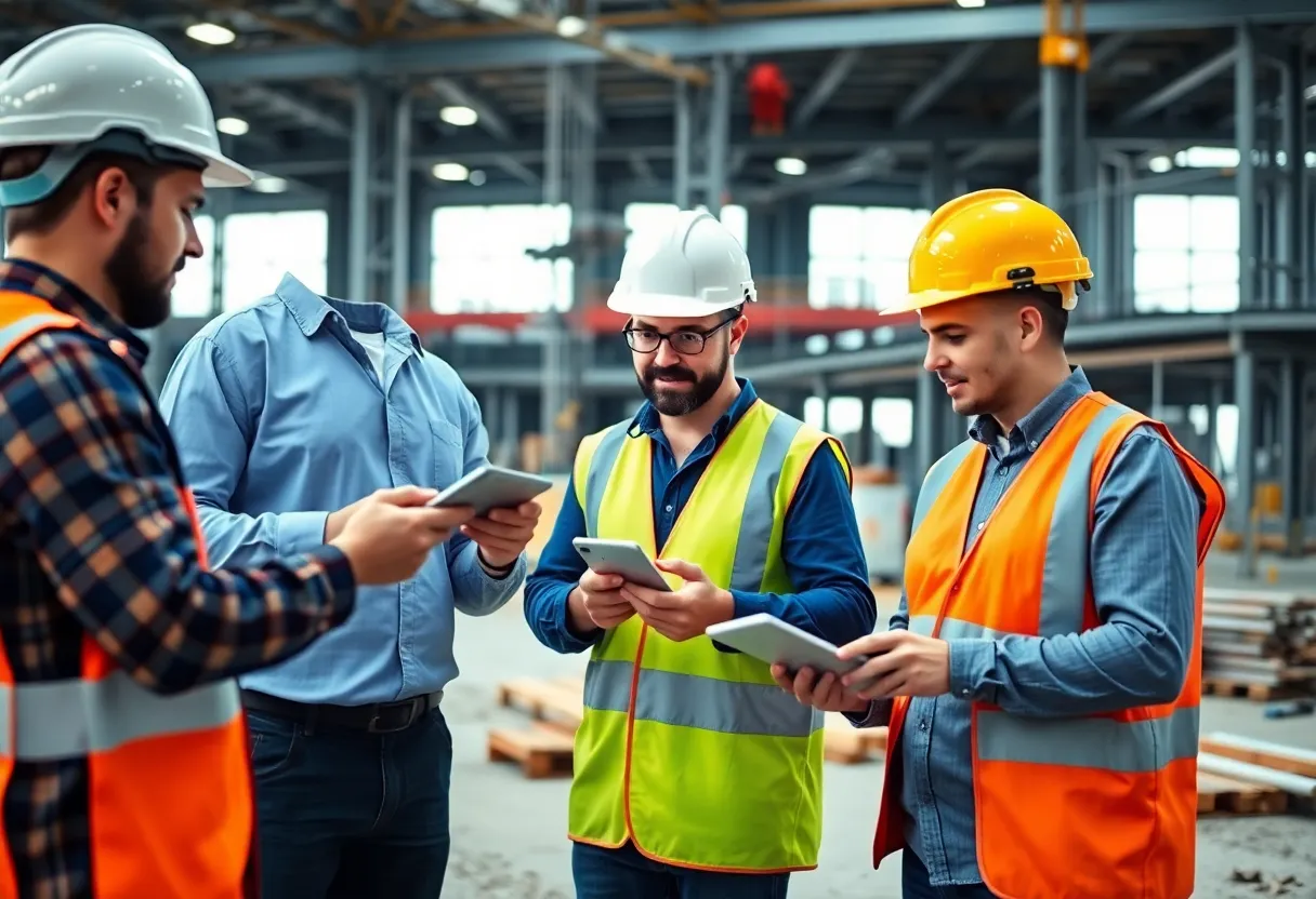 Construction workers utilizing ERP software on site