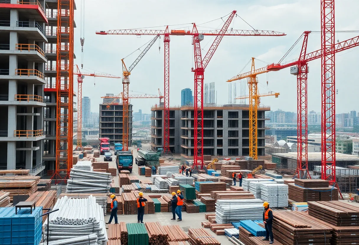 Construction site with workers and materials amidst challenges