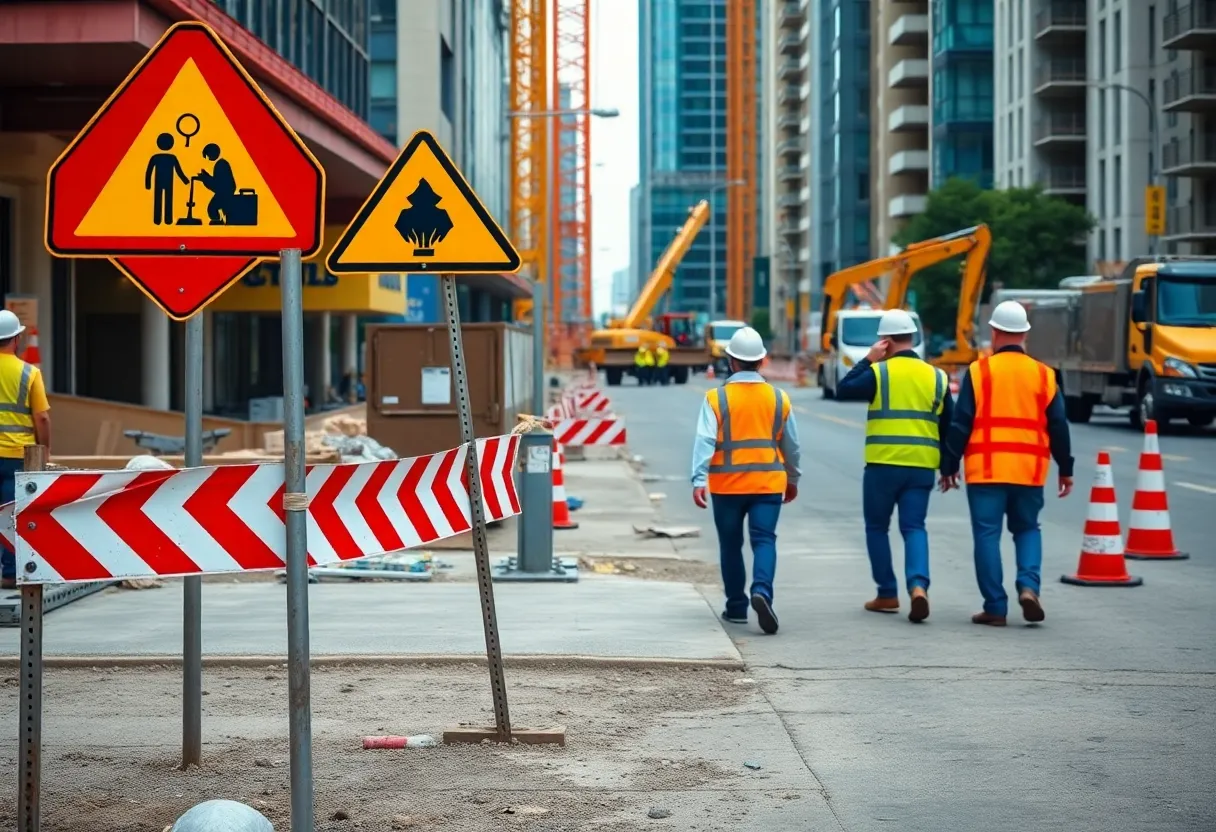 Construction workers on a site with safety measures in place.