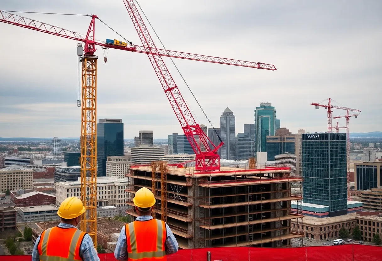Construction site in Denver with workers and cranes