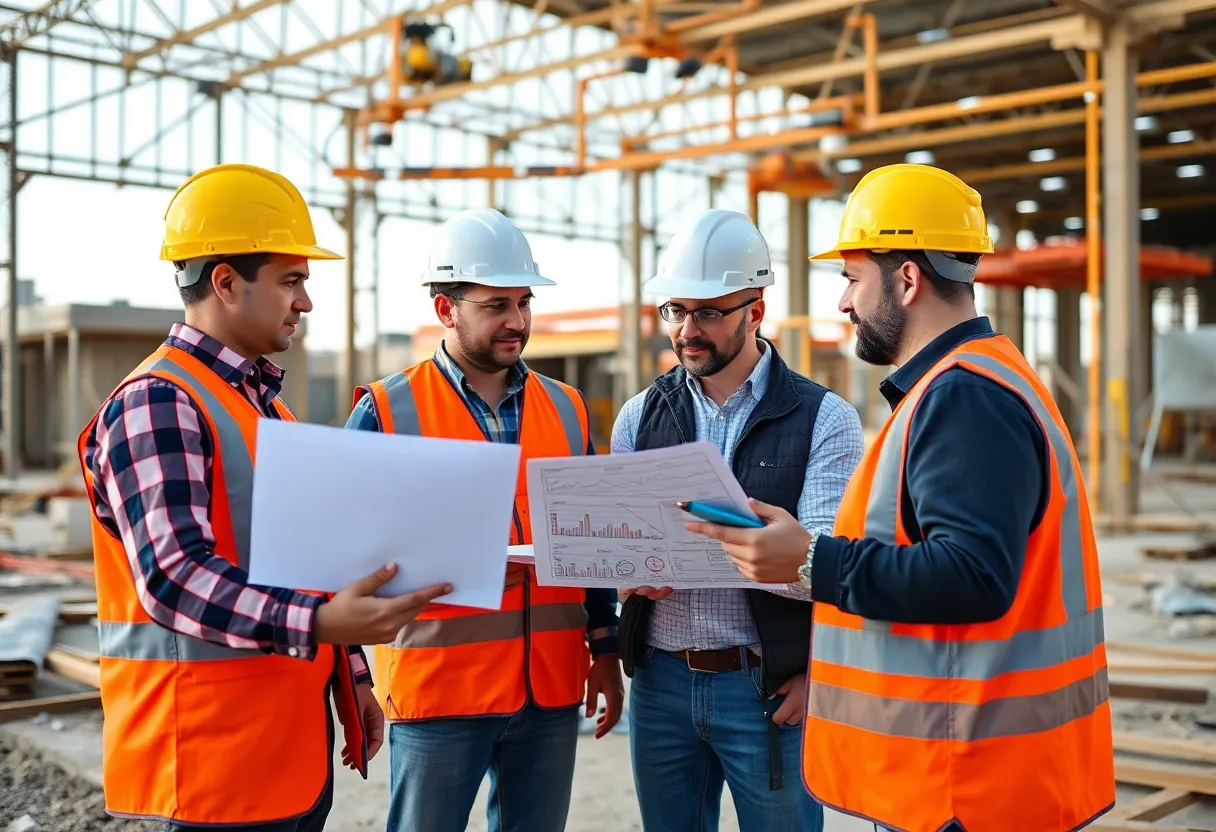 Construction project managers discussing earned value techniques