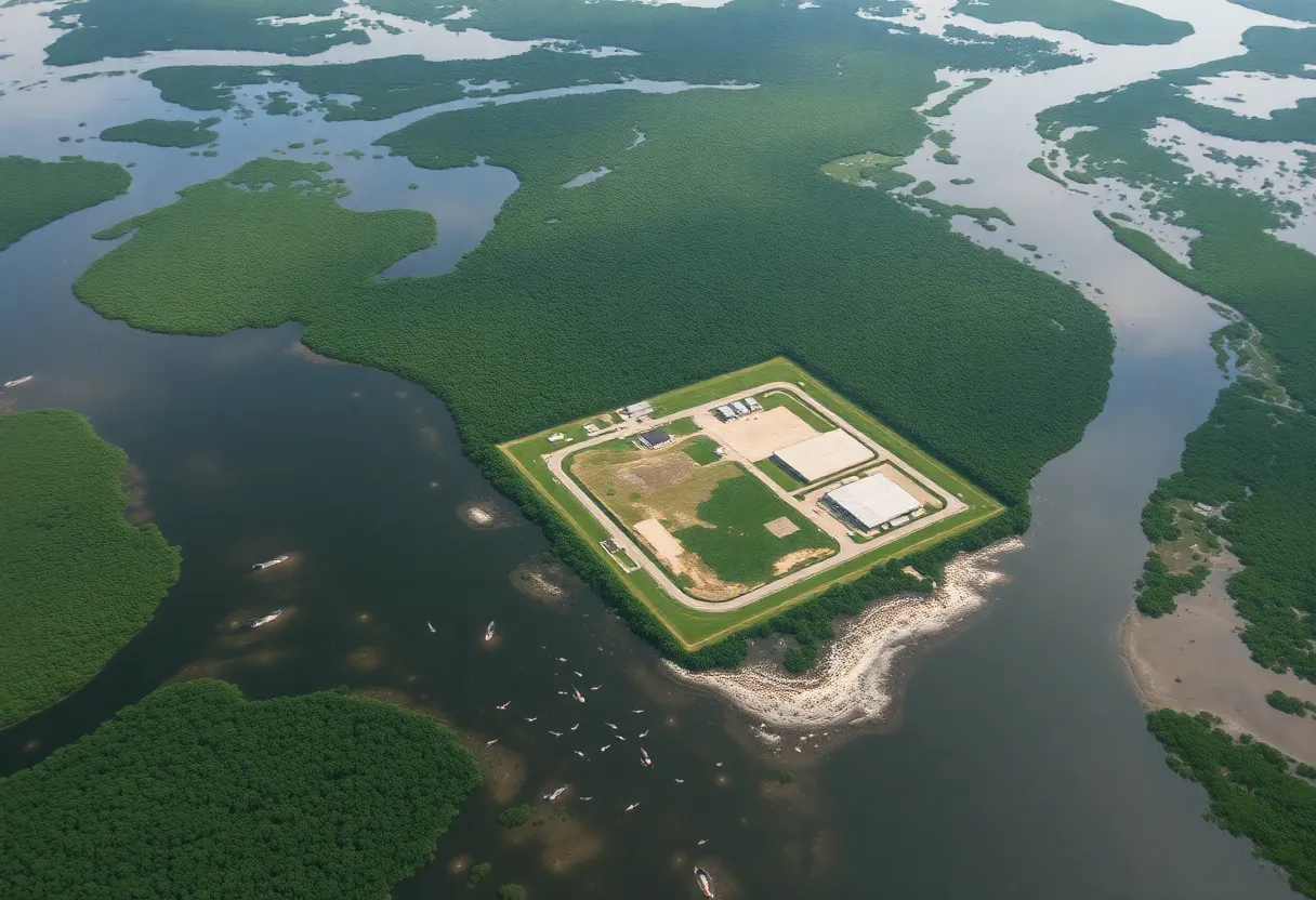 Aerial view of the Florida Everglades showing wildlife and the proposed site for the immigrant detention facility.
