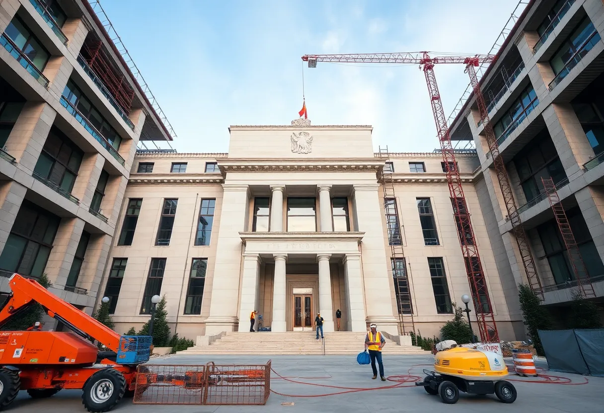 Federal Reserve building undergoing renovation with construction workers