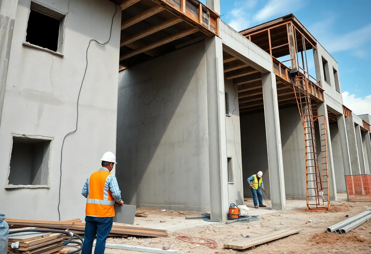 Construction workers inspecting defective structures in Florida