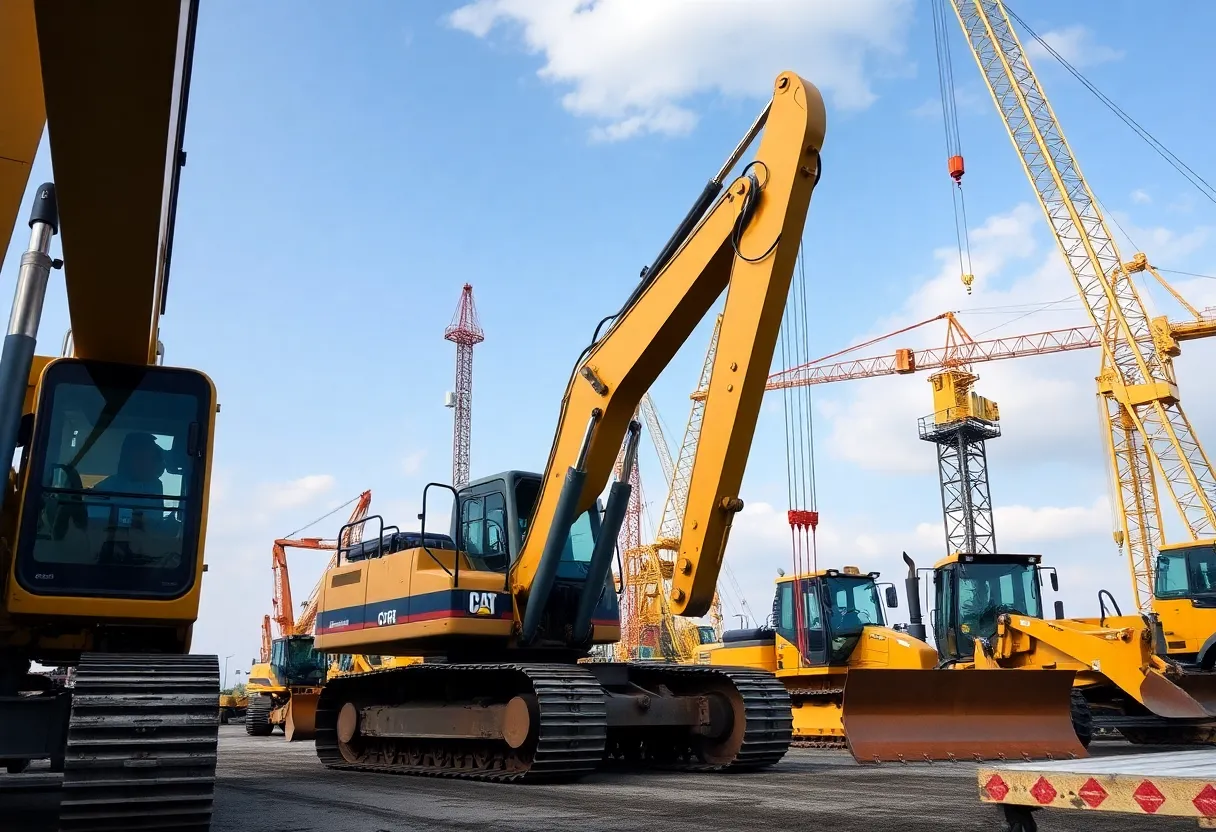 Heavy construction equipment operational at a site