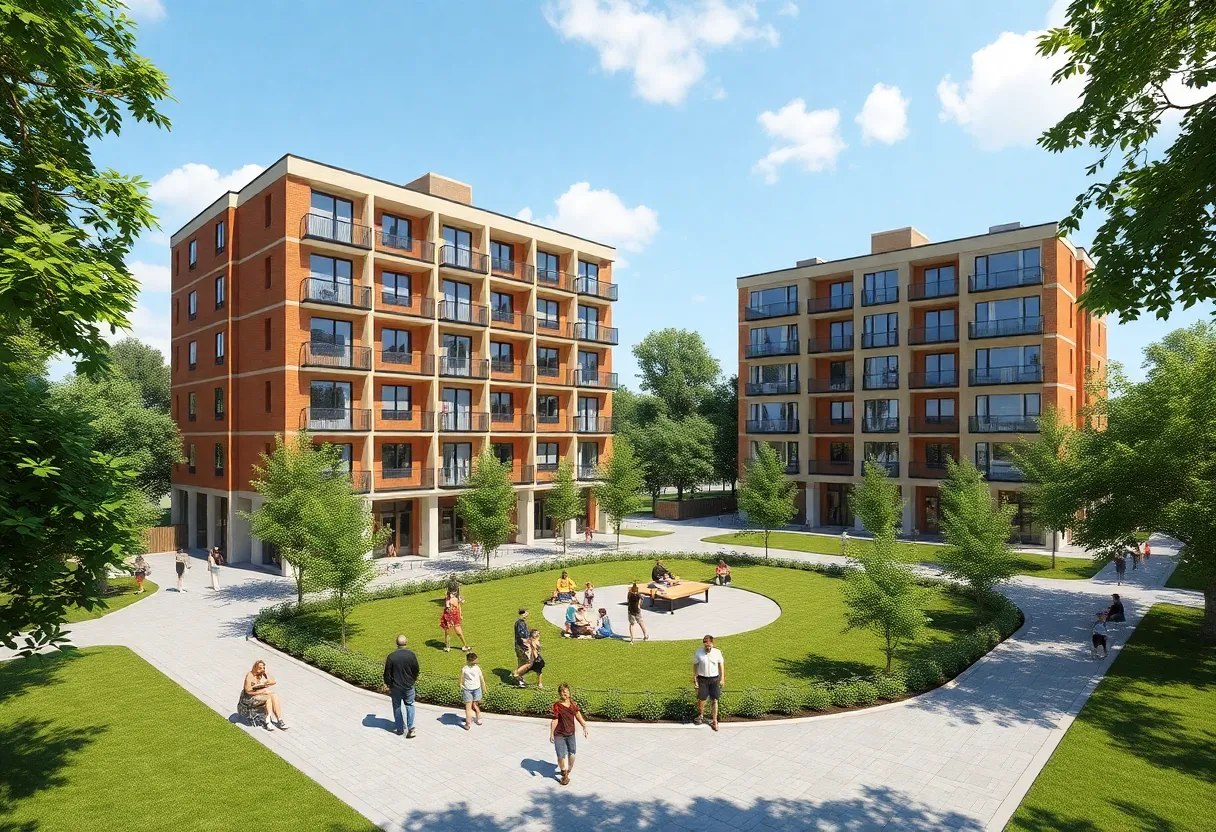 Artist's rendering of LeClaire Courts redevelopment with residential buildings and community area