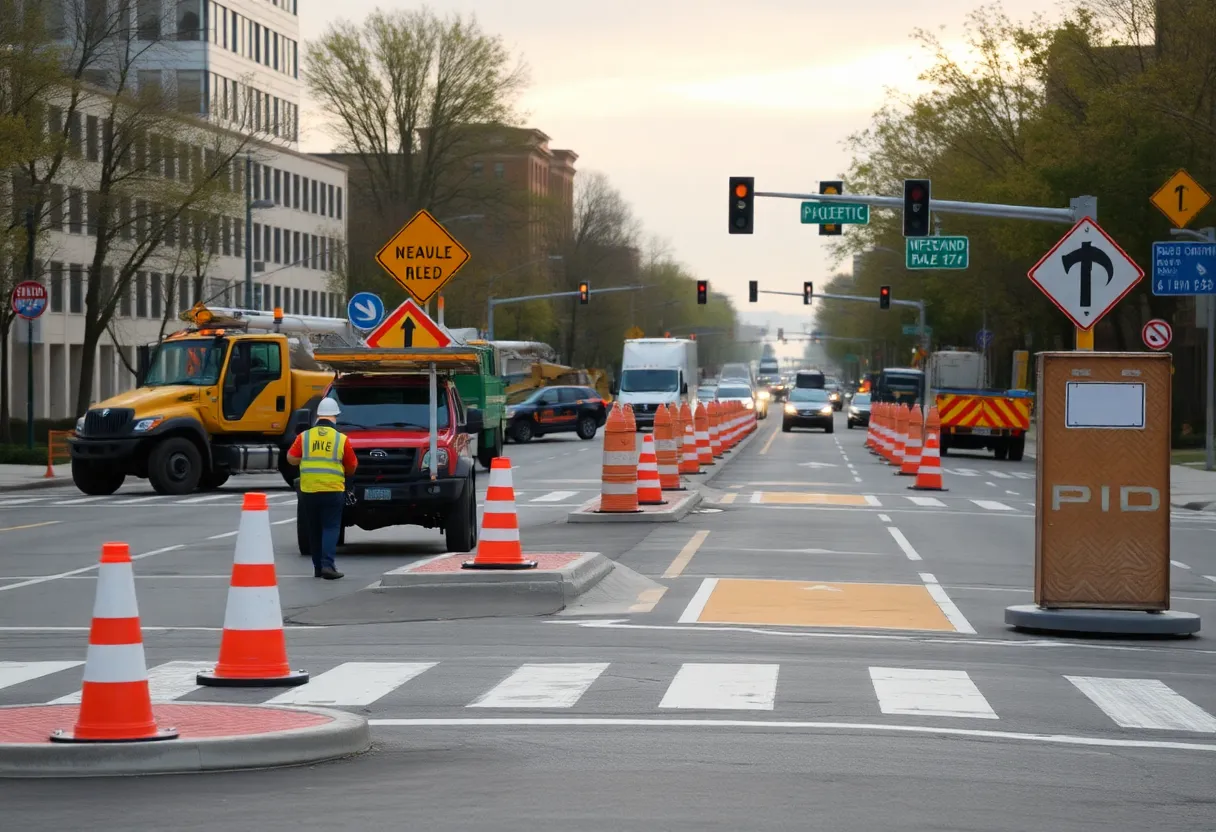Construction site on Maple Avenue with traffic management features