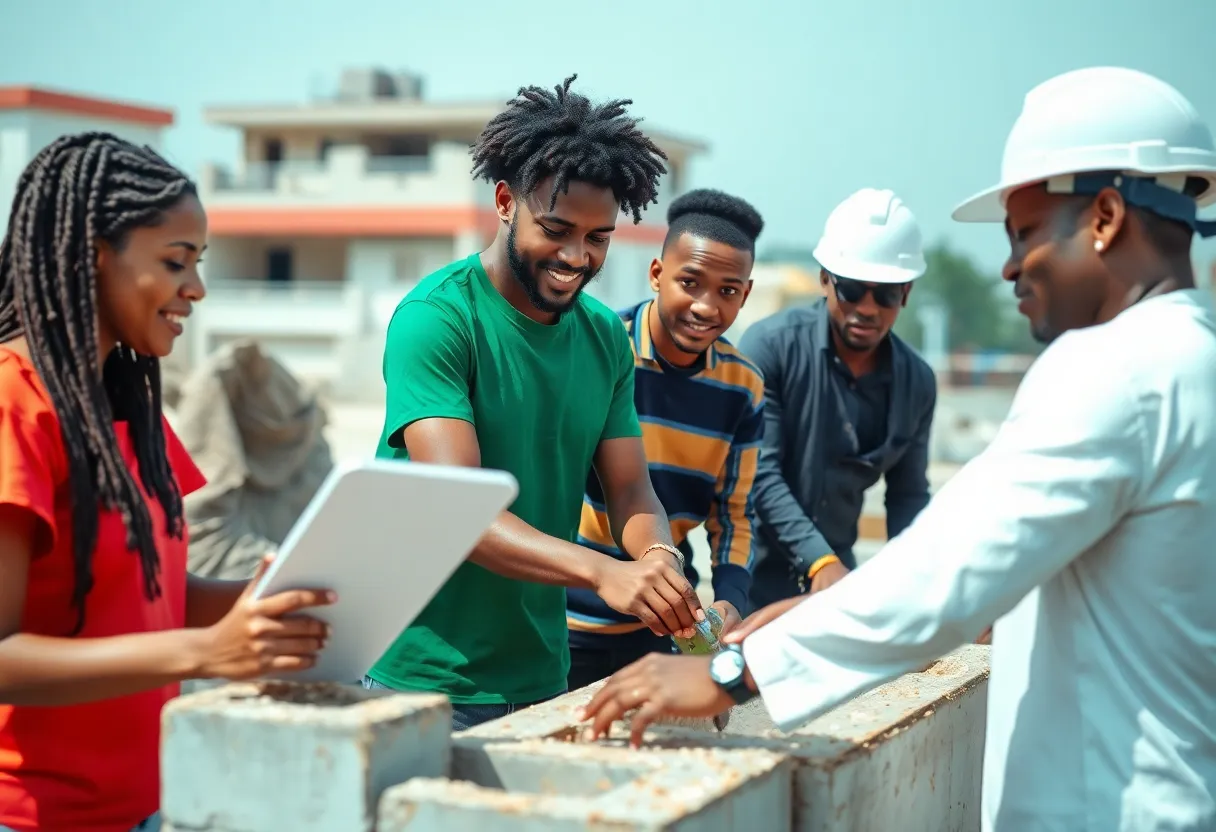 A group of Nigerian youths working together on a construction project, demonstrating teamwork and modern construction practices.