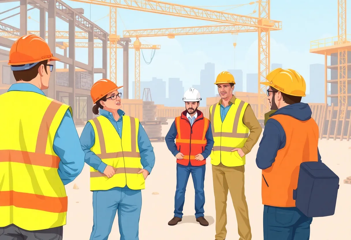 Workers discussing new OSHA regulations at a construction site