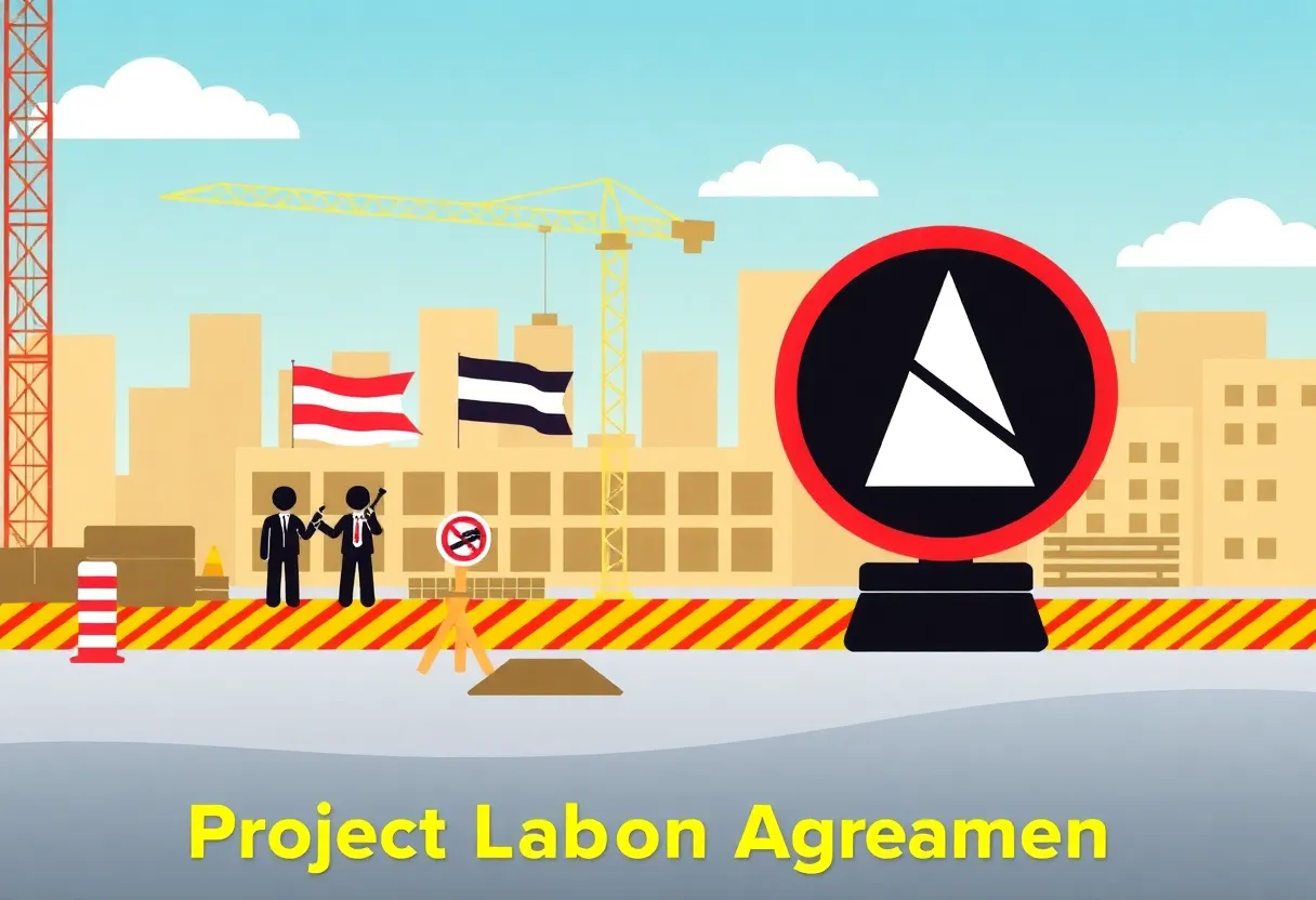 Construction site with union and legal symbols