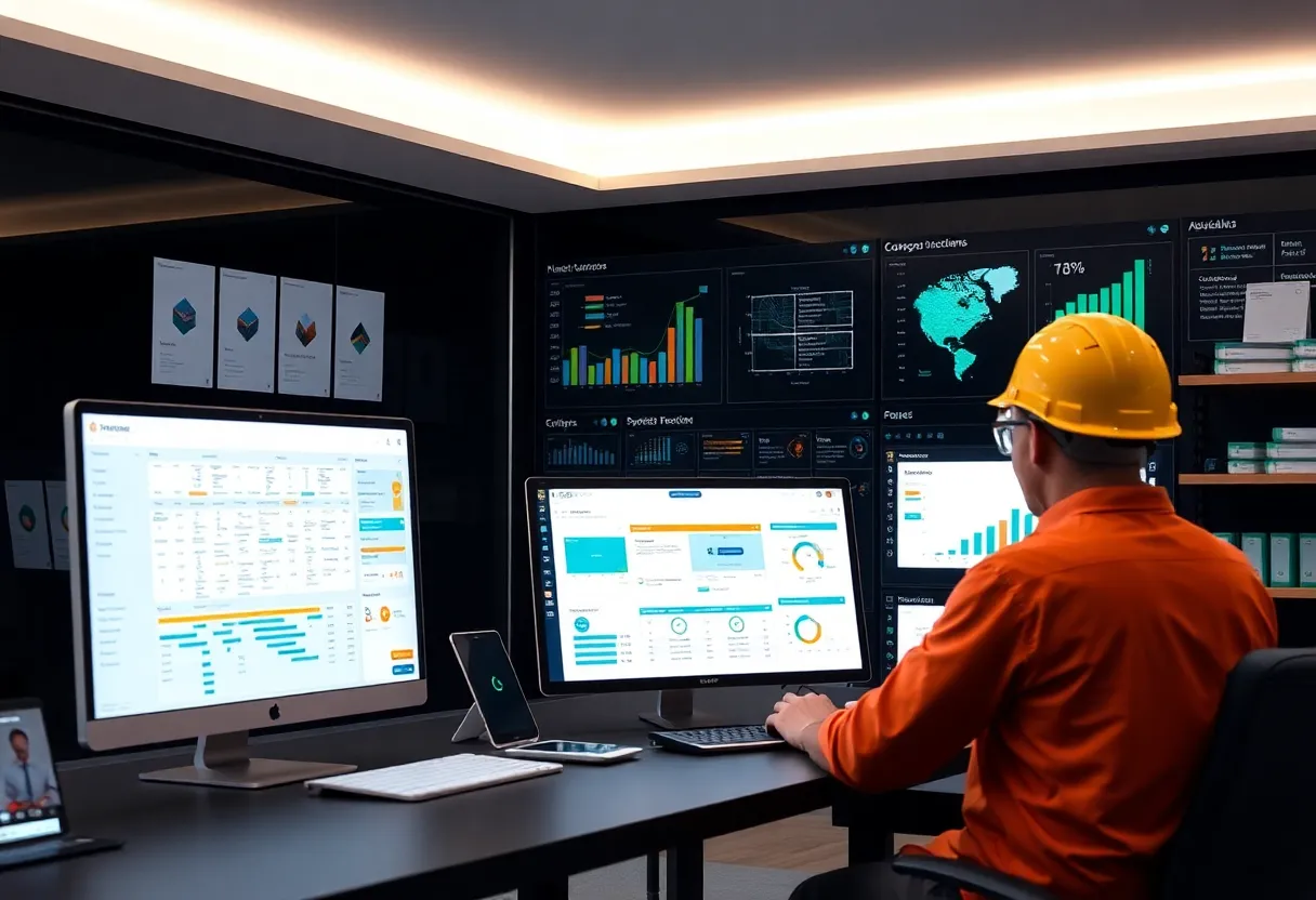 Digital workspace showcasing advanced construction technology tools for contractors