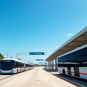 Newly constructed South Dade Transitway bus station with electric buses