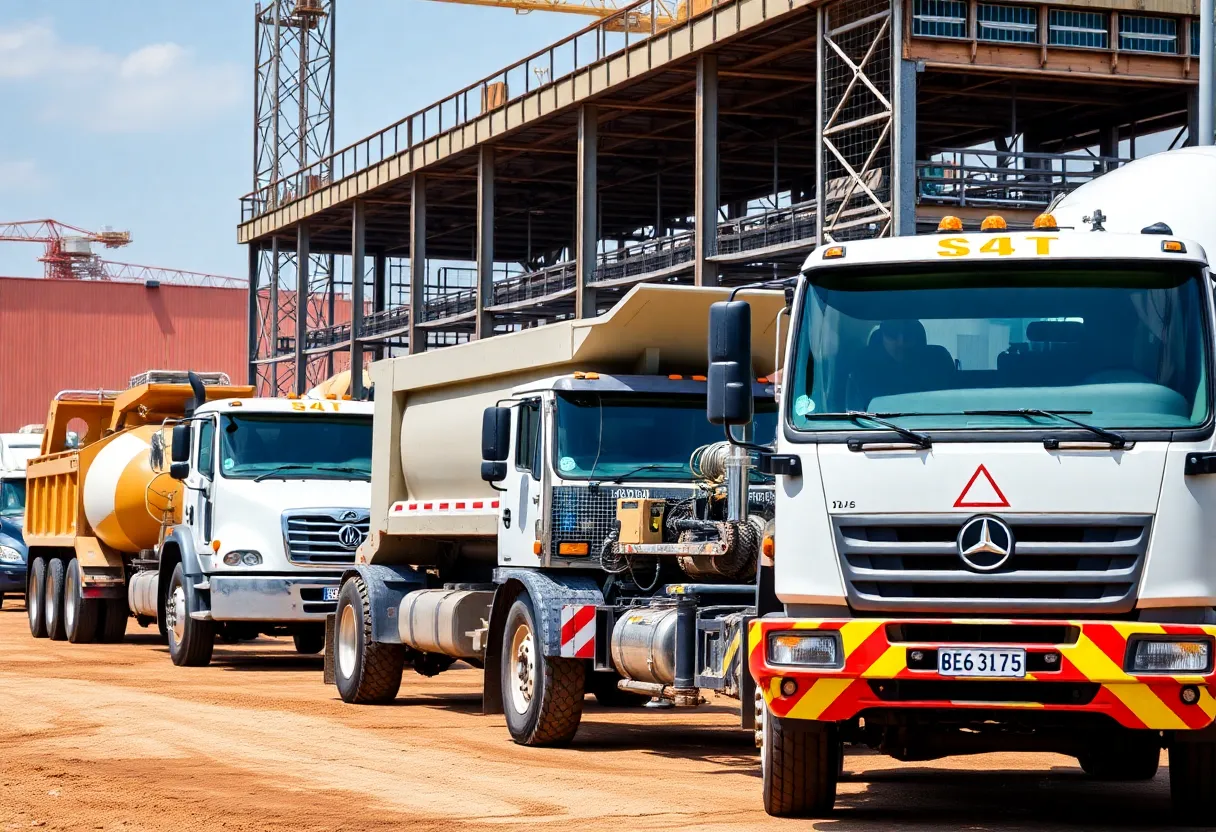 Vocational trucks including dump trucks and concrete mixers at a construction site