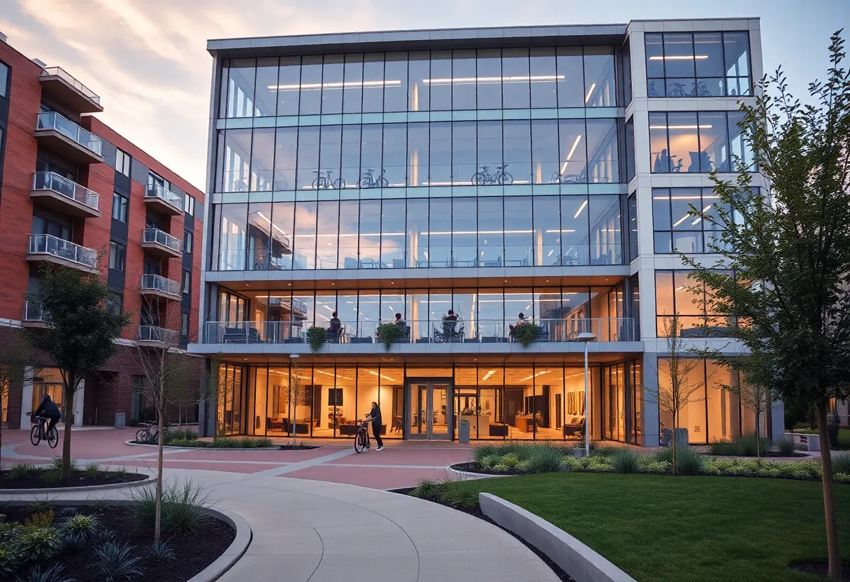 Exterior view of 500 Forge life science building at Arsenal Yards with glass façade and balconies