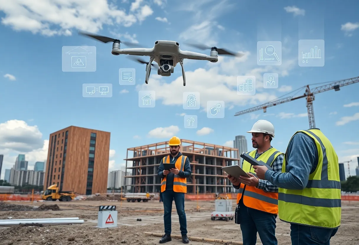 Construction site with tablets, drone, and translucent AI data overlays in front of a modern mass-timber building