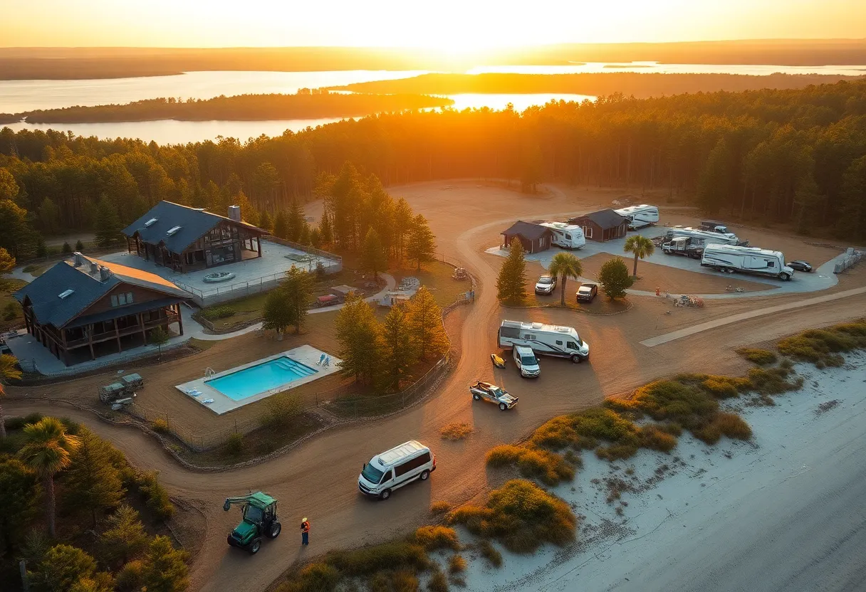 Aerial view showing boutique lodge, lakeside cottages, RV resort and construction activity across Alabama state parks