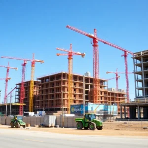 Birmingham construction site with cranes and workers