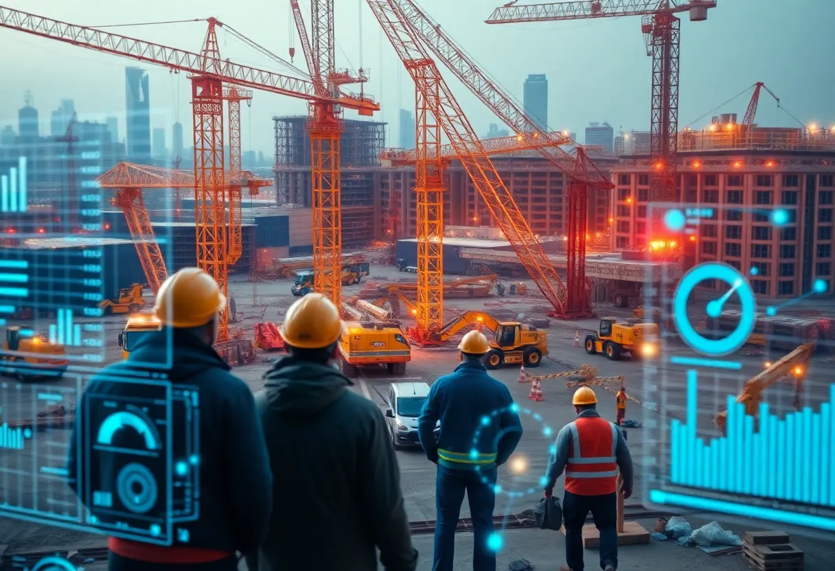 Busy construction site with digital AI scheduling overlays and equipment