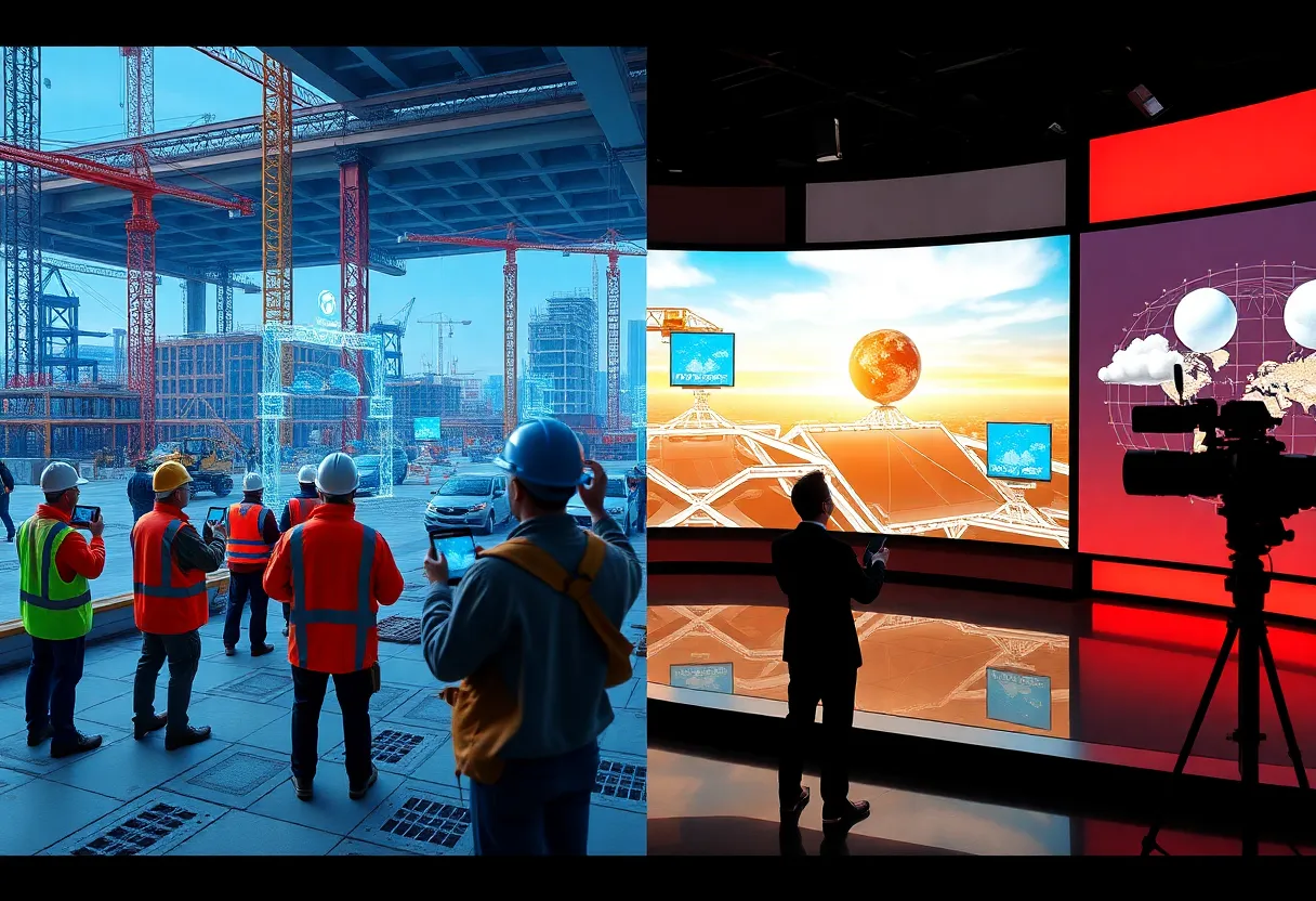 Construction workers using tablets and AR overlays on a jobsite beside a broadcast studio with virtual 3D weather graphics