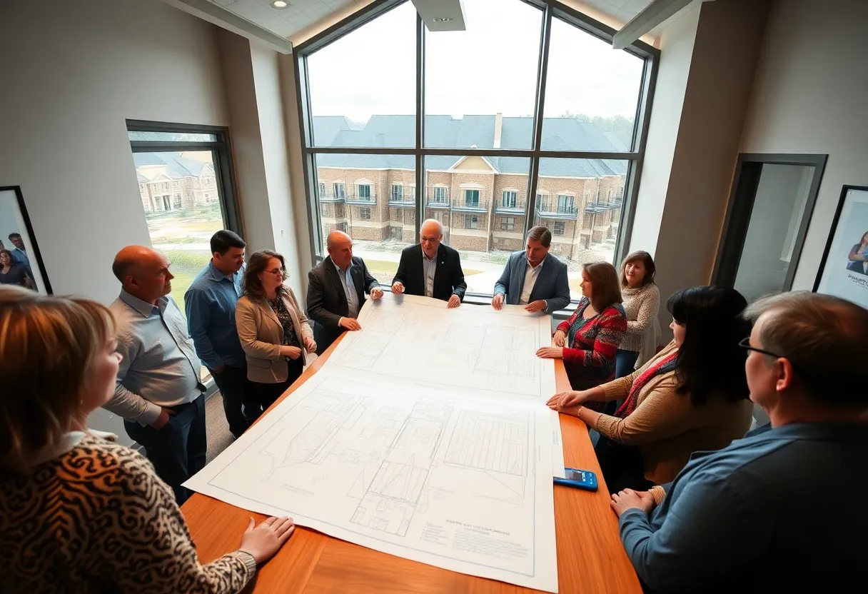 Community meeting and construction site illustrating affordable housing fund launch