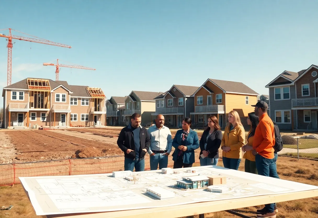 Construction site for affordable townhomes with community members reviewing plans nearby