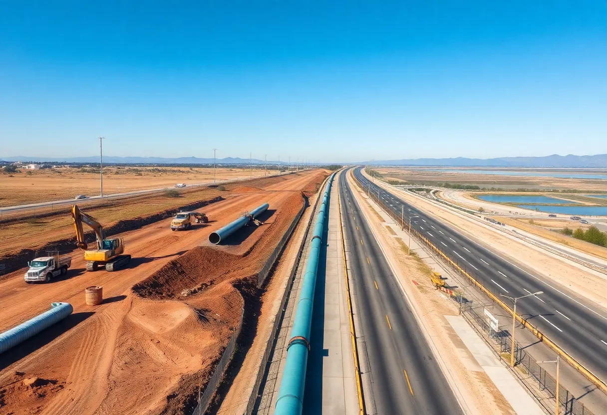 Aerial view of canal replacement and road widening construction in Contra Costa County