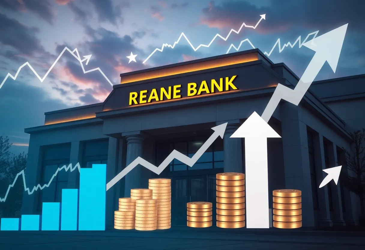 Regional bank building with financial charts, dividend documents, and coins representing dividend and share buybacks
