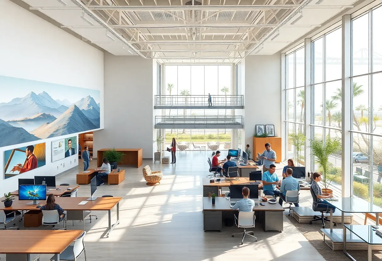 Modern open-plan office interior with collaborative spaces and outdoor bridge at an Irvine office complex