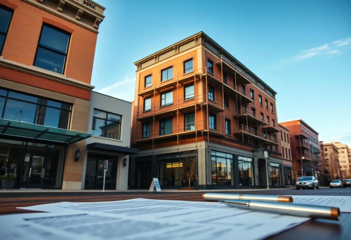 Colorado commercial buildings under renovation with financial documents in the foreground