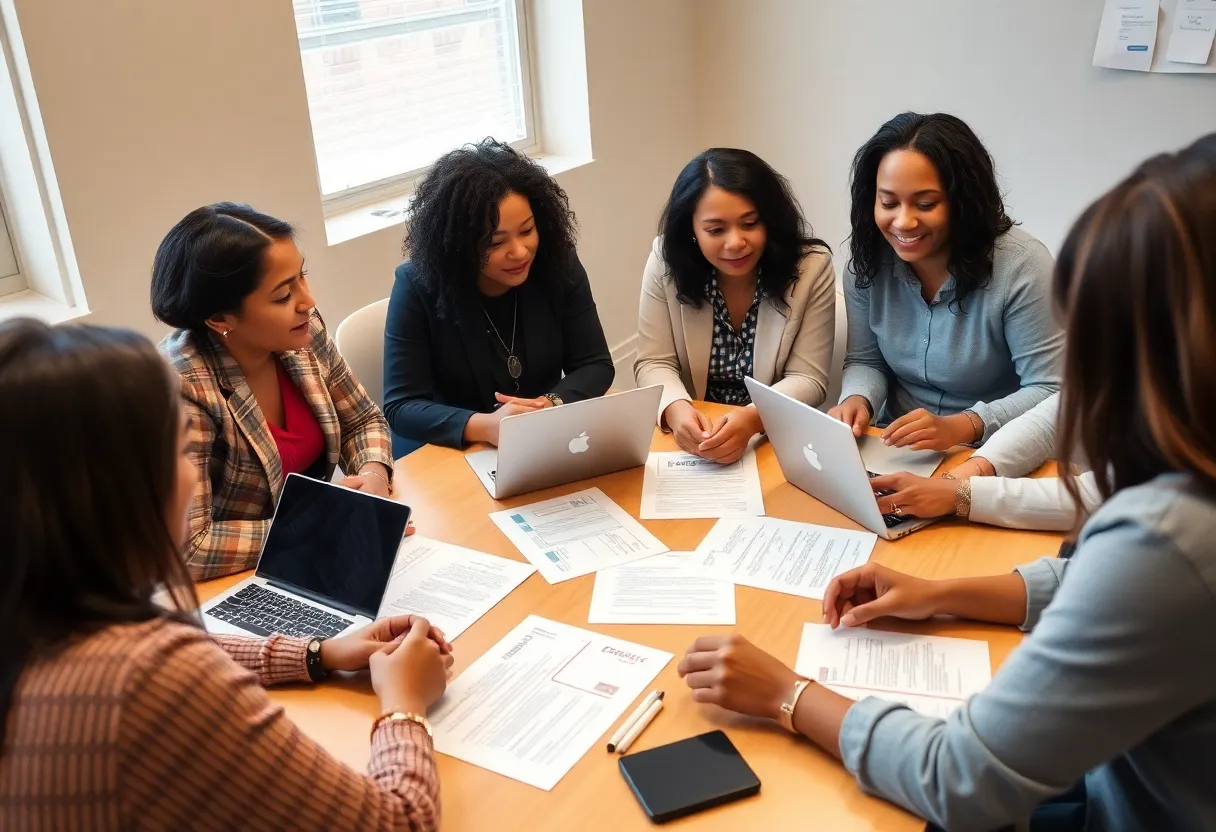 Group of diverse individuals discussing funding opportunities.