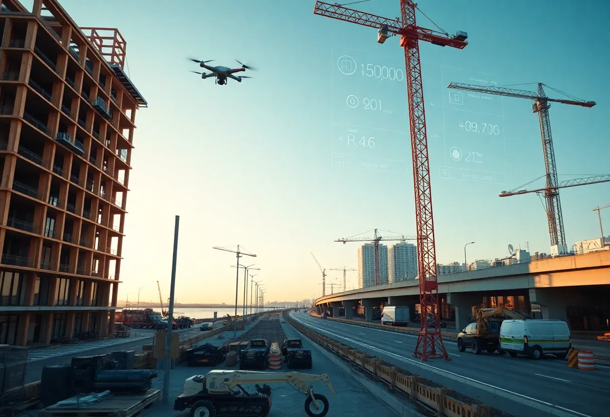 Mass-timber waterfront office and freeway construction site with drones, smart cameras and digital ERP data overlays representing industrial AI tools