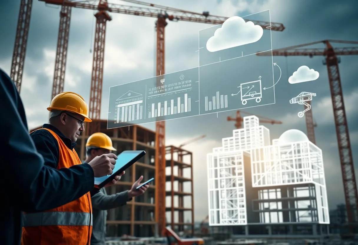 Construction site with digital BIM overlays, workers using tablets and automated equipment