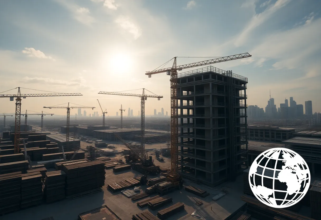 Construction site with cranes and overlay of financial inflation charts