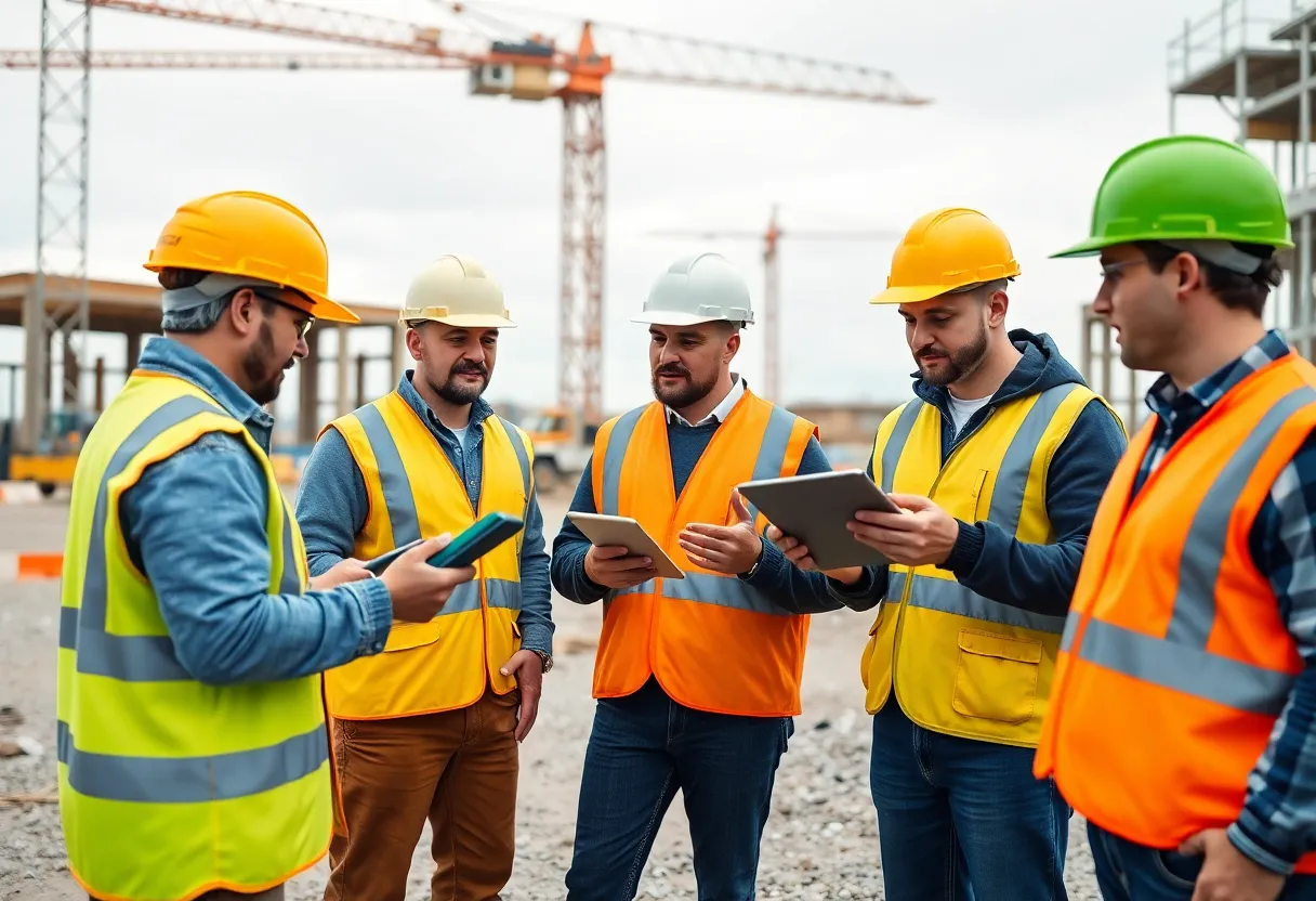 Construction workers using software on site to enhance productivity