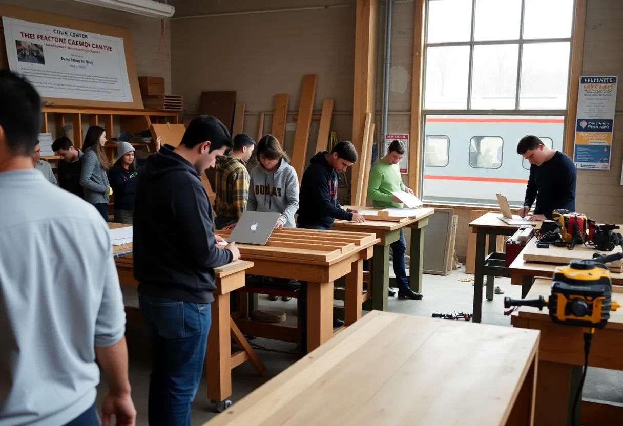Trainees and instructors in a carpentry workshop with tools and a train visible outside
