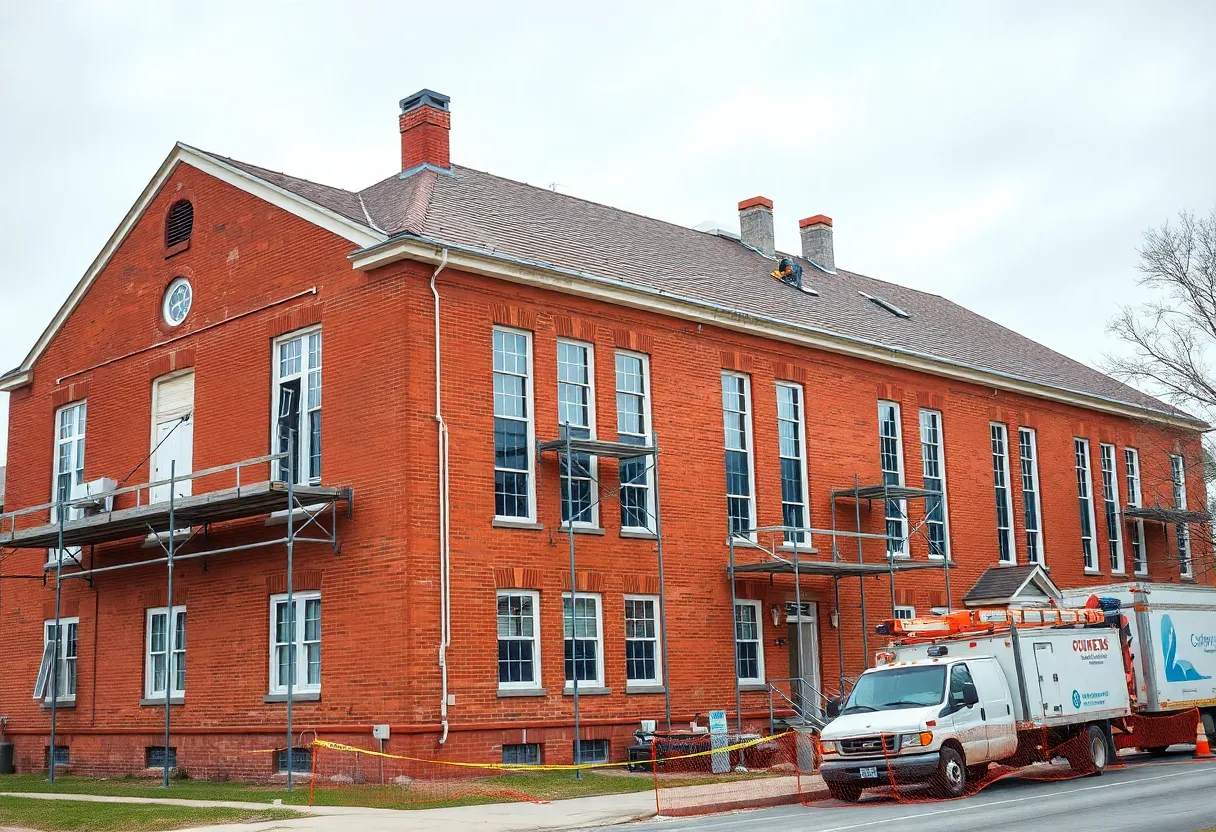 Historic Cooley School building with scaffolding and construction equipment during exterior masonry and roof work