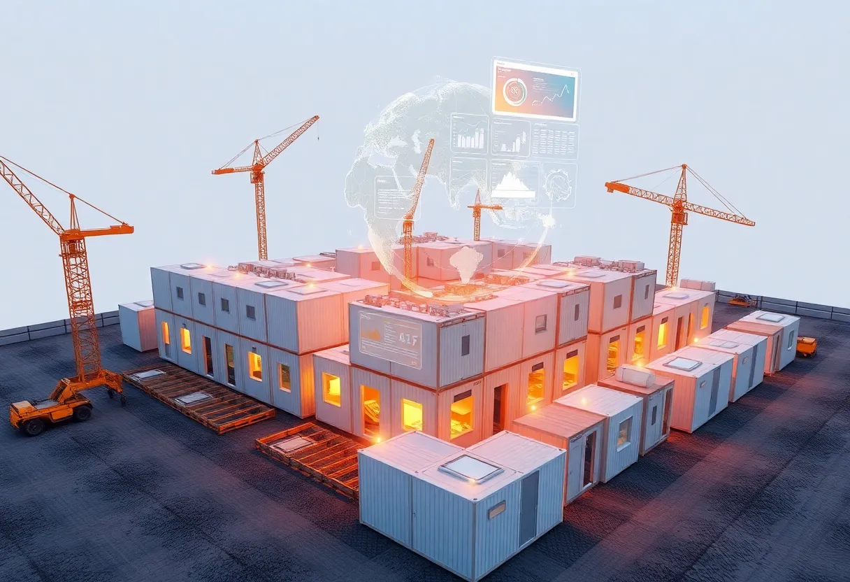 Digital twin overlay showing BIM models, IoT sensors and GIS mapping over relocatable modular buildings