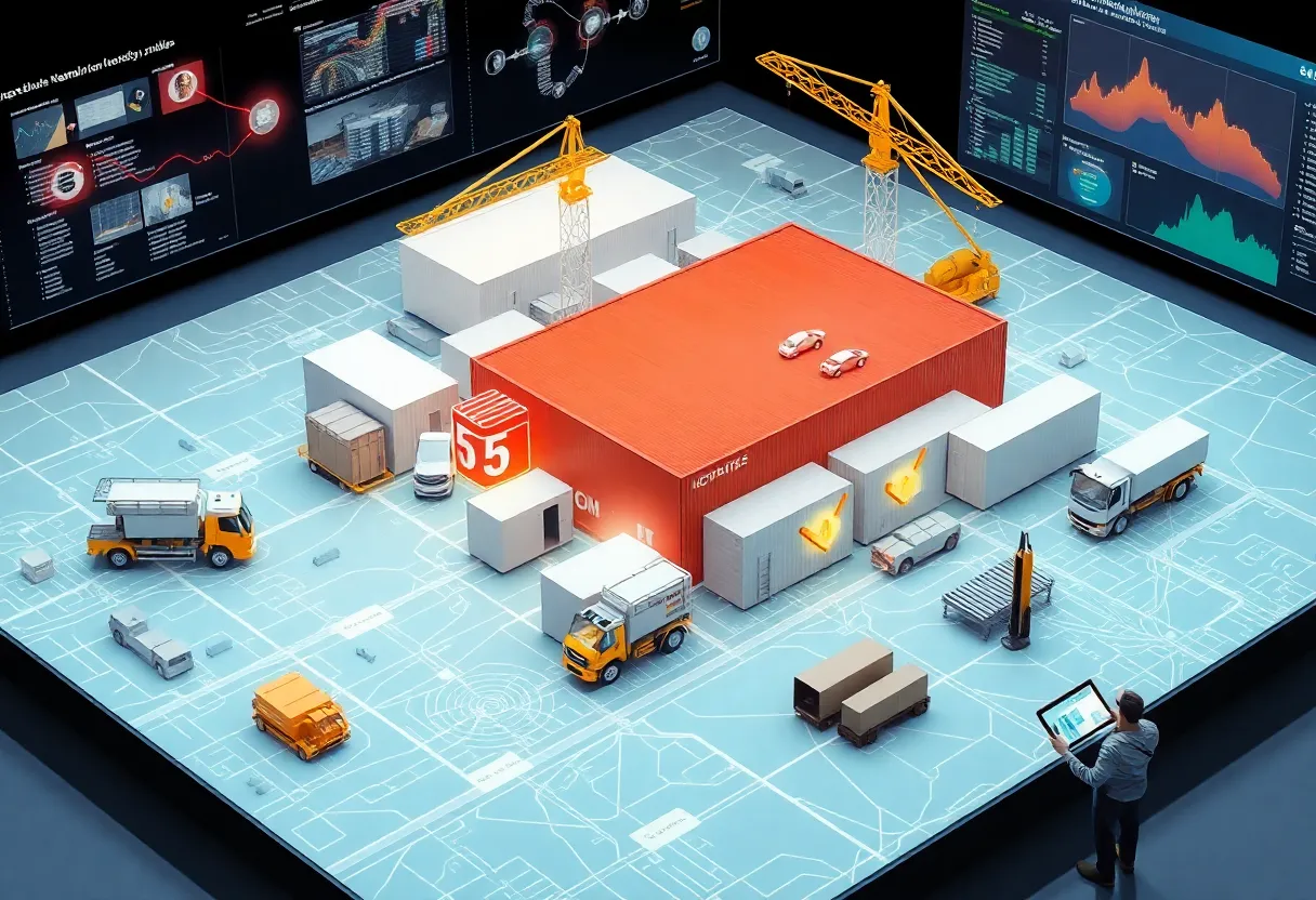 3D digital twin overlay on a relocatable modular building site with GIS map and IoT data icons