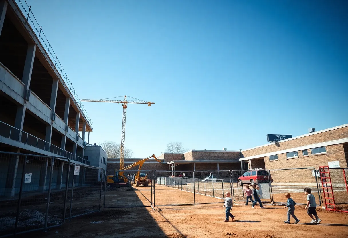 Ongoing construction at Elkhorn Elementary Schools with safety barriers and unfinished structures