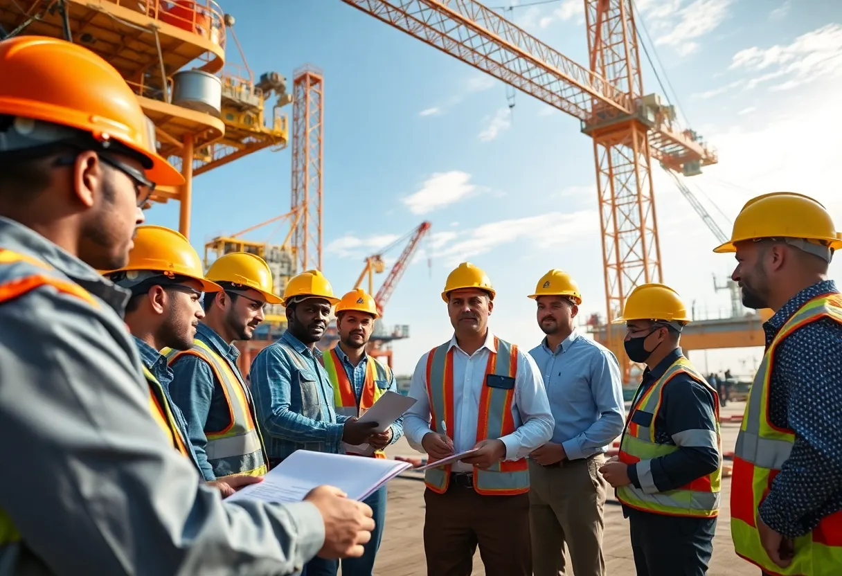 Construction site in the Gulf with diverse teams collaborating