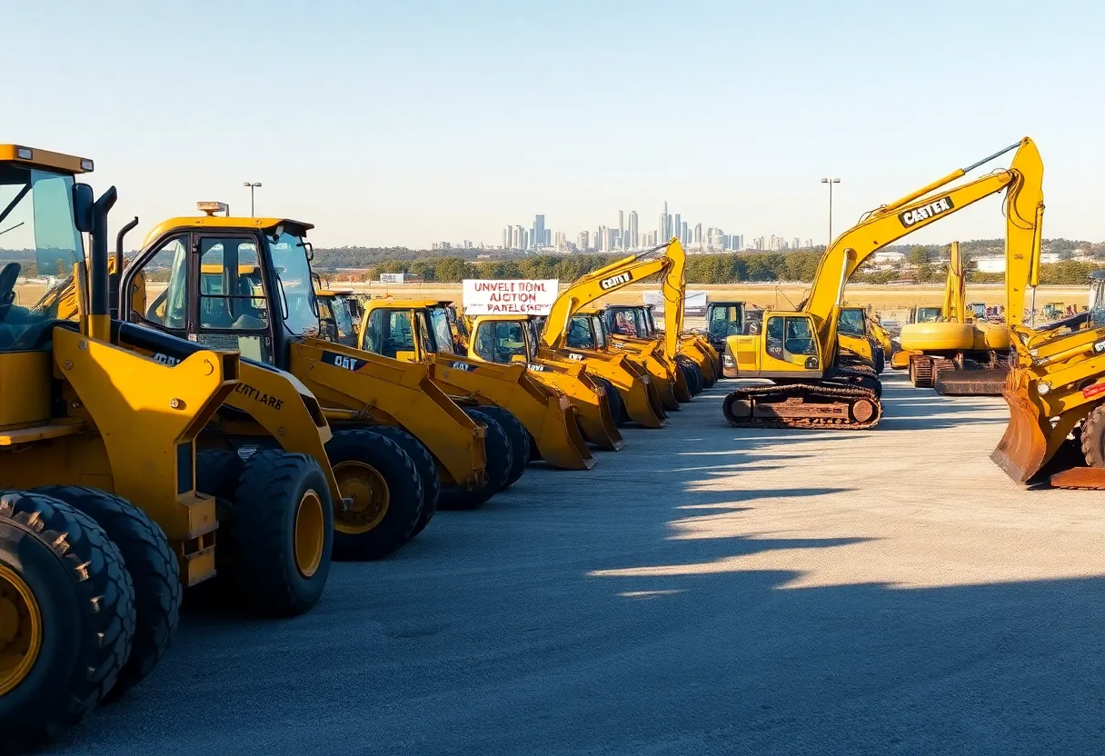 Used construction equipment lined up in a rental yard with auction signage and a city skyline in the distance