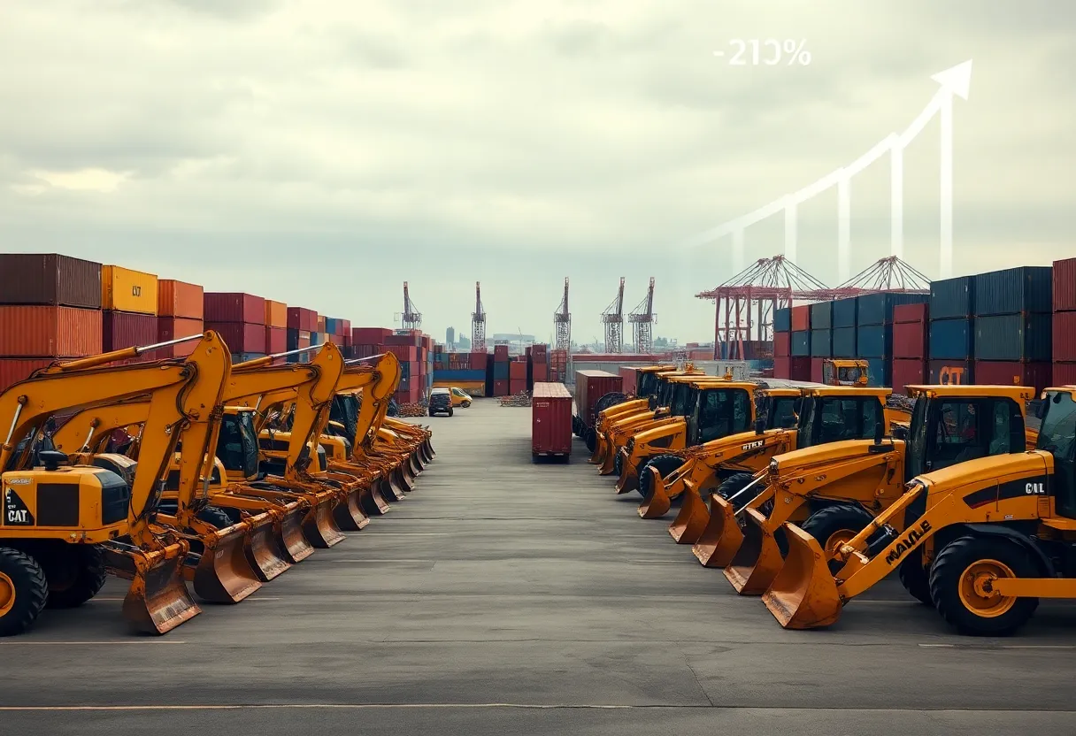 Heavy equipment dealer lot with excavators, loaders and shipping containers indicating tariff-driven market pressure